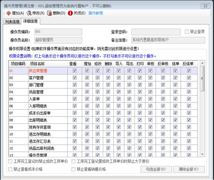 企管王ERP系统操作员管理操作员权限设置功能